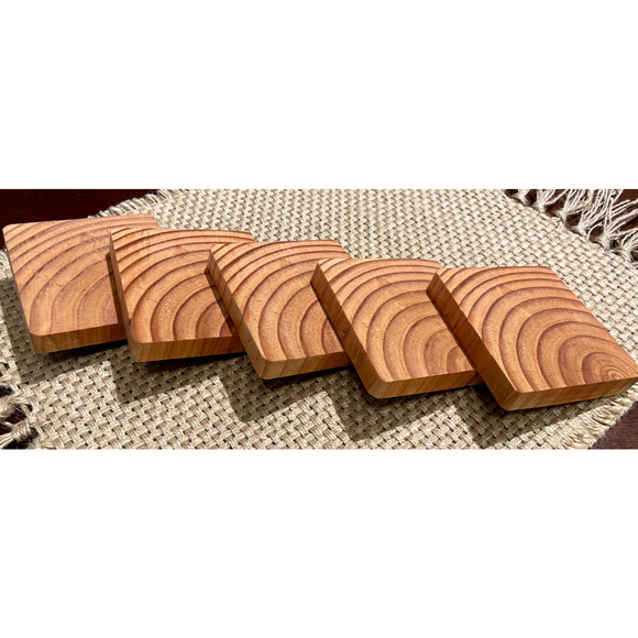 Handmade Wooden Coasters Brown Hue 4x4" Set of 5 Rustic Farmhouse - Picture 6 of 11